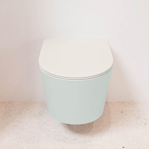 Mondiaz LAVIE hangtoilet – spoelrandloos – 36 x 53 cm – met softclose zitting – Greey (lichtgroen/grijs), zitting Linen (offwhite) SW1208650