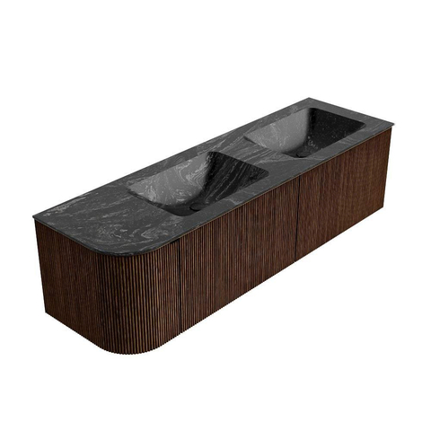 MONDIAZ KURVE-DLUX Meuble de salle de bains 155 cm avec module 25 L couleur Walnut avec 2 tiroirs et 1 porte. Lavabo LEAF double / à droite 2 trous de robinet couleur Lava. SW1137280