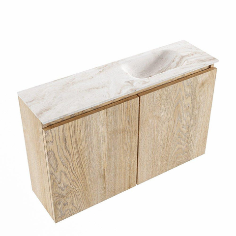 MONDIAZ TURE-DLUX Meuble de toilette 80cm Chêne lavé. Lavabo EDEN Frappe position droite. Sans trou de robinet. SW1103116