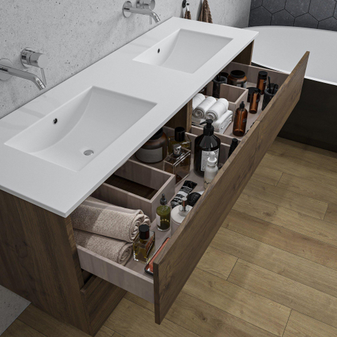 Saniclass Chaci Meuble de salle de bain - 140x46x55cm - 4 tiroirs - lavabo en céramique blanc - 2 vasques - sans trous de robinet - noyer SW1171456