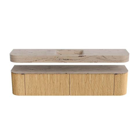 MONDIAZ THOR-DLUX 200cm meuble de salle de bains arrondi gauche + droite couleur Oak avec 2 tiroirs et 2 portes. Vasque suspendue CLOUD Milieu 1 trou de robinet couleur Arena. SW1467058