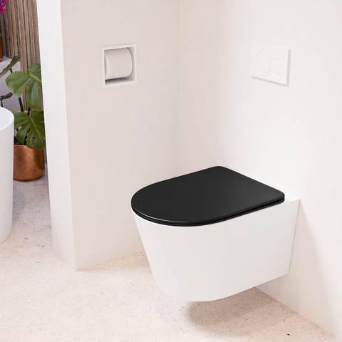 Mondiaz LAVIE hangtoilet – spoelrandloos – 36 x 53 cm – met softclose zitting – Talc (wit), zitting Urban (zwart) SW1208751