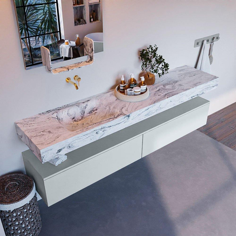 Mondiaz ALAN-DLUX Ensemble de meuble - 200cm - meuble Clay mat - 2 tiroirs - Lavabo Cloud Glace suspendu - vasque Gauche - 0 trous de robinet SW806063