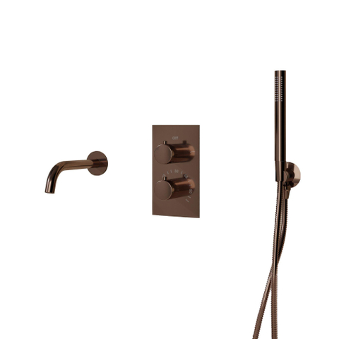 Fortifura Calvi Badkraan set - uitloop - 22cm inkortbaar - metalen slang - staafhanddouche - inbouwdeel - wandhouder - PVD - geborsteld koper SW1242591