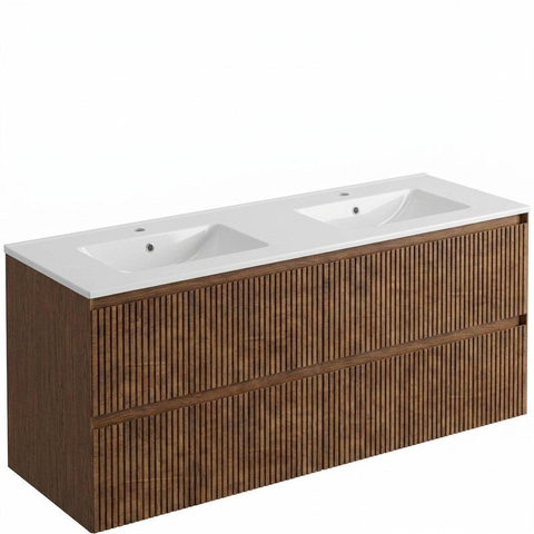 Saniclass Holz Atelier Ensemble meuble de salle de bains - 140x45x62cm - Lavabo Vygo en céramique blanc - 2 vasques - 2 trous de robinetterie - 4 tiroirs - brillant walnut pure (bois) SW1437736