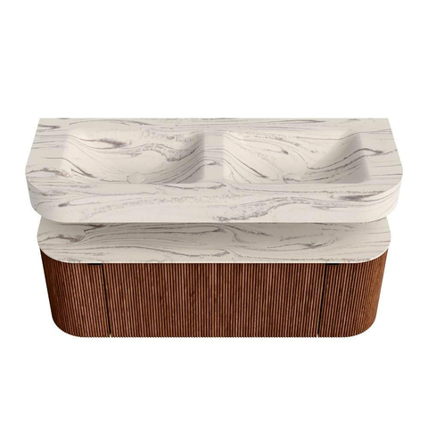 MONDIAZ THOR-DLUX 130cm meuble de salle de bains arrondi gauche + droite couleur Ruby avec 1 tiroir et 2 portes. Vasque suspendue CLOUD Double sans trou de robinet couleur Nata. SW1463876