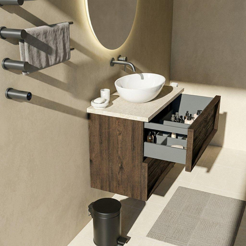 Saniclass Holz Frame Ensemble de meuble de salle de bains - 80x45x63cm - Plan de travail en pierre naturelle travertin - sans trou de robinetterie - 2 tiroirs - chêne charcoal mat (bois) SW1580025