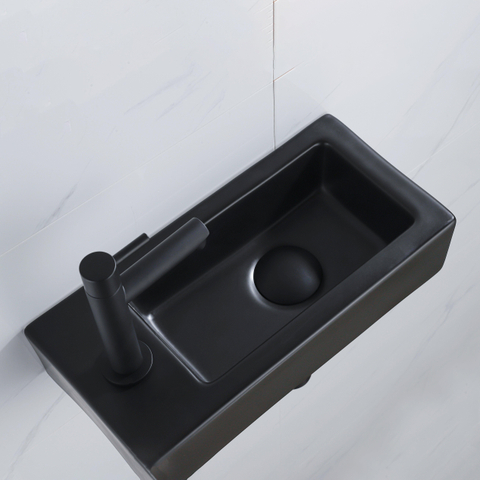 QeramiQ Fuente pack lave-mains – 37,5 x 18,5 x 9 cm – céramique noir mat – perçage à gauche – robinet noir mat SW1232731