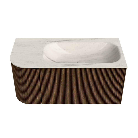 MONDIAZ KURVE-DLUX Meuble de salle de bains 95cm arrondi à gauche couleur Walnut avec 1 tiroir et 1 porte. Lavabo BIG SMALL à droite 1 trou de robinet Meli. SW1431678