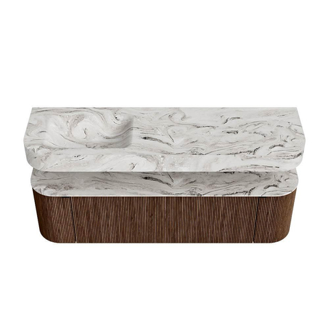 MONDIAZ THOR-DLUX 160cm meuble de salle de bains arrondi gauche + droite couleur Walnut avec 1 tiroir et 2 portes. Vasque suspendue CLOUD Gauche 1 trou de robinet couleur Glace. SW1465024