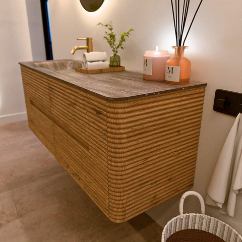 Mondiaz CIRO-DLUX Ensemble de meubles de salle de bains - 130x45x50cm - Vasque en solid surface Oza - 1 lavabo à gauche - 1 trou de robinet - 4 tiroirs - Chêne SW1531129