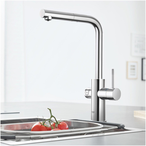GROHE Blue Home Robinet de cuisine - bec en L extractible - monotrou - fonction de filtration - eau plate légère et pétillante - chrome SW236967