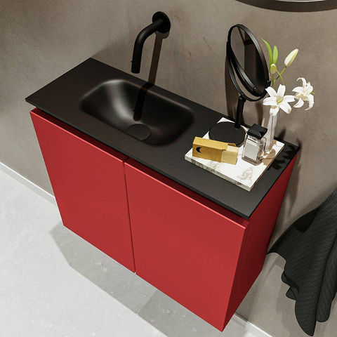 MONDIAZ TURE Toiletmeubel 60x23x50cm met 0 kraangaten 2 deuren fire mat Wastafel Eden links Solid Surface Zwart SW475385