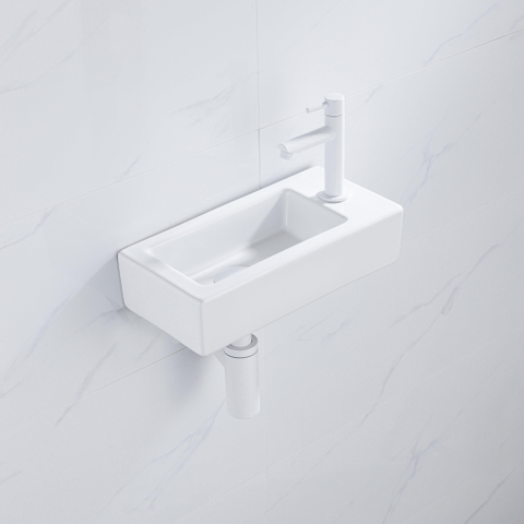 QeramiQ Fuente pack lave-mains – 37,5 x 18,5 x 9 cm – céramique blanc brillant – perçage à droite – robinet blanc mat SW1232736