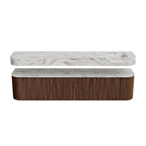 MONDIAZ THOR-DLUX 200cm badmeubel ronding links + rechts kleur Walnut met 2 lades en 2 deuren. Vrijhangende wastafel CLOUD Rechts 1 kraangat kleur Glace. SW1467000