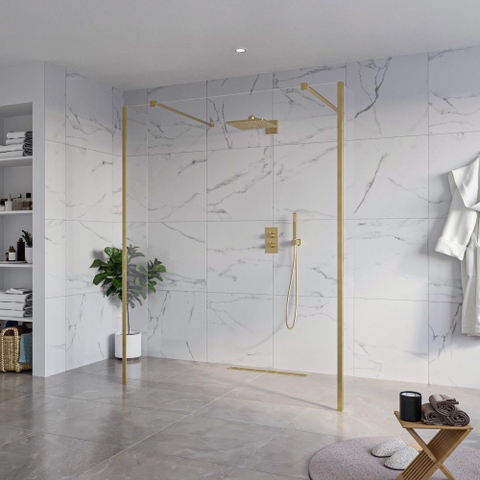 FugaFlow Eccelente Vetro Vrijstaande inloopdouche badkamer - 160x200cm - Helder - antikalk - 8mm veiligheidsglas - 2 zijwanden 40cm - met wandarmen en hoekprofielen - Messing geborsteld (goud) - SW1125681