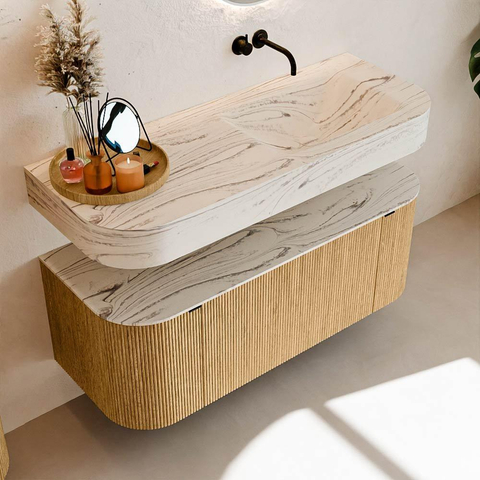 MONDIAZ THOR-DLUX 120cm meuble de salle de bains arrondi gauche + droite couleur Oak avec 1 tiroir et 2 portes. Vasque suspendue CLOUD Droite sans trou de robinet couleur Nata. SW1463332