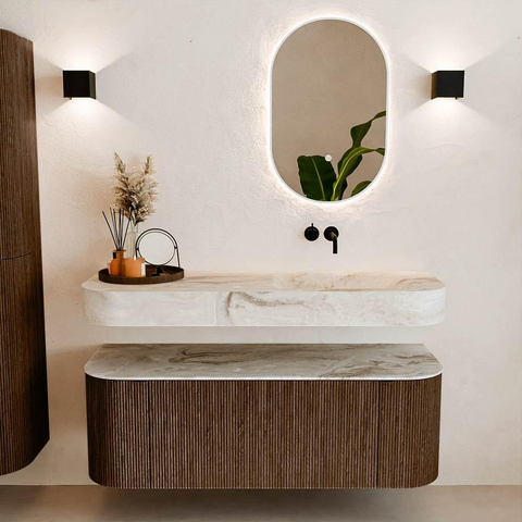 MONDIAZ THOR-DLUX 130cm meuble de salle de bains arrondi gauche + droite couleur Walnut avec 1 tiroir et 2 portes. Vasque suspendue CLOUD Droite sans trou de robinet couleur Frappe. SW1463573