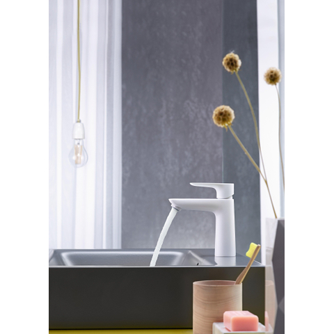 Hansgrohe Talis e 1 greeps wastafelkraan - 110 - coolstart - met trekwaste - mat wit SW297307