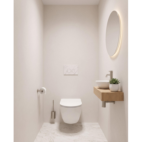 Pack WC QeramiQ Dely Swirl Compact - réservoir encastrable Geberit UP320 - avec bâti-support Burda - abattant slim - plaque de commande en pierre naturelle marbre blanc - boutons ronds - blanc brillant SW1592306
