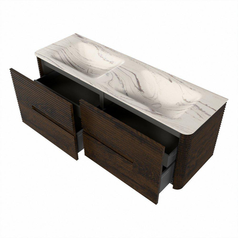 Mondiaz CIRO-DLUX Meuble de salle de bains - 140x45x50cm - Plan vasque solid surface Nata - 2 vasques double - 2 trous de robinetterie - 4 tiroirs - Noyer SW1530641
