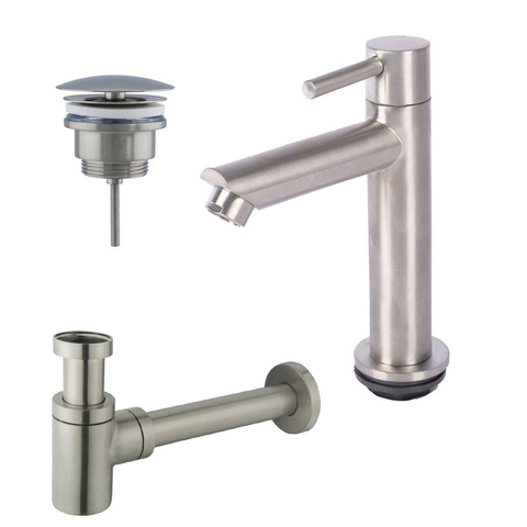 Fortifura Calvi Fonteinkraanset - staande fonteinkraan - laag - always open plug - design - sifon - PVD - geborsteld RVS SW798640