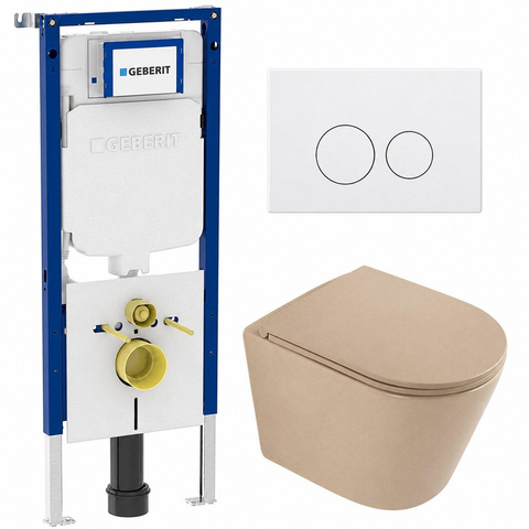 QeramiQ Dely Toiletset - 36.3x51.7cm - Geberit UP720 inbouwreservoir - rimless - diepspoel - zitting - softclose - bedieningsplaat mat wit - ronde knoppen - mat beige SW1426524