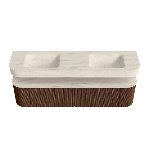 MONDIAZ THOR-DLUX Meuble de salle de bains 180cm arrondi gauche + droite couleur Walnut avec 2 tiroirs et 2 portes. Vasque suspendue CLOUD Double 2 trous de robinet couleur Meli. SW1466184