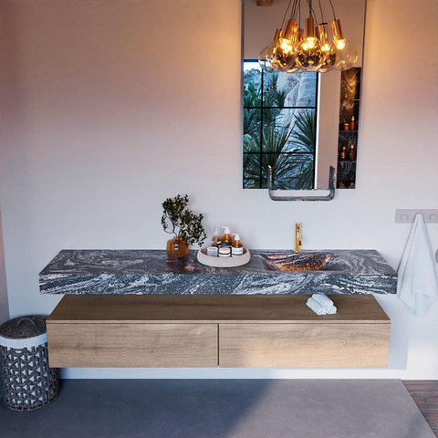 Mondiaz ALAN-DLUX Ensemble de meuble - 200cm - meuble Washed Oak mat - 2 tiroirs - Lavabo Cloud Lava suspendu - vasque Droite - 1 trou de robinet SW808992