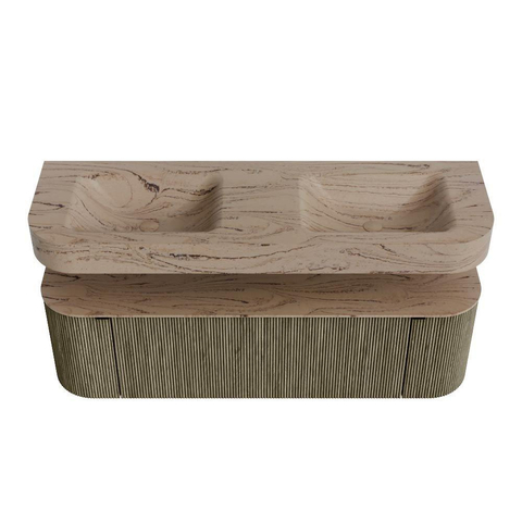 MONDIAZ THOR-DLUX 150cm meuble de salle de bains arrondi gauche + droite couleur Shadow avec 1 tiroir et 2 portes. Vasque suspendue CLOUD Double sans trou de robinet couleur Arena. SW1464746