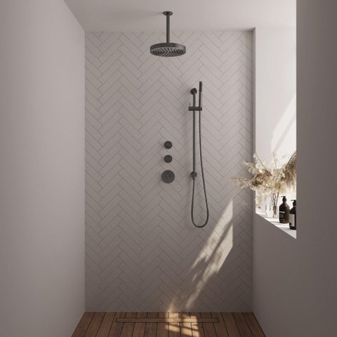 BRAUER Stripe Thermostatische Inbouw Regendouche - SET 09 - 25cm douchekop - plafondarm - staaf handdouche - doucheslang - geïntegreerde glijstang - gunmetal geborsteld PVD SW1435000