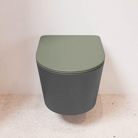 Mondiaz LAVIE hangtoilet – spoelrandloos – 36 x 53 cm – met softclose zitting – Dark grey (grijs), zitting Army (groen) SW1208570