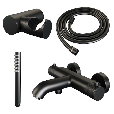 Robinet de baignoire Brauer Black Carving à poser - ensemble de douche - 2 fonctions - 2 boutons carving - douchette à main 1 fonction - noir mat SW1164589
