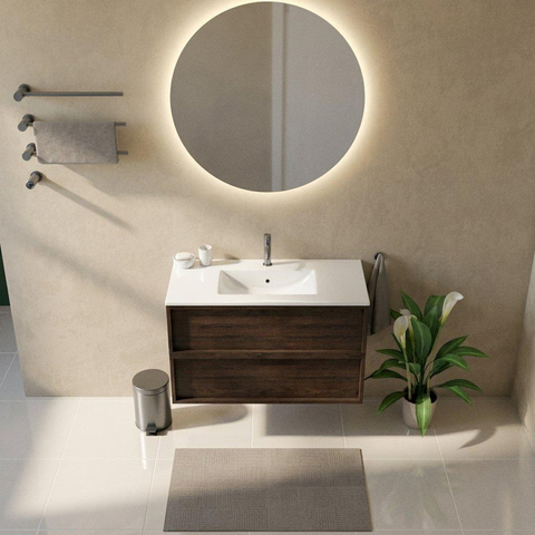 Saniclass Holz Frame Ensemble de meubles de salle de bains - 100x45x62cm - lavabo Vygo en céramique blanc - 1 vasque - 1 trou de robinet - 2 tiroirs - chêne charcoal mat (bois) SW1580051