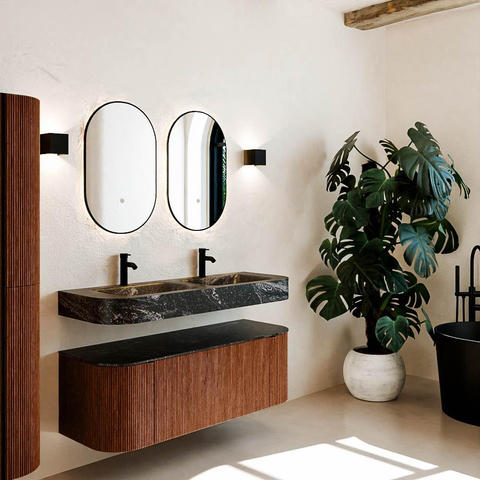 MONDIAZ THOR-DLUX 130cm meuble de salle de bains arrondi gauche + droite couleur Ruby avec 1 tiroir et 2 portes. Vasque suspendue CLOUD Double 2 trous de robinet couleur Lava. SW1463702