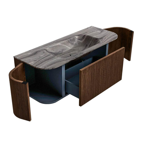 MONDIAZ KURVE-DLUX 120cm badmeubel ronding Links + Rechts kleur Walnut met 1 lade en 2 deuren. Wastafel BIG SMALL Midden 1 kraangat Sombra. SW1433640
