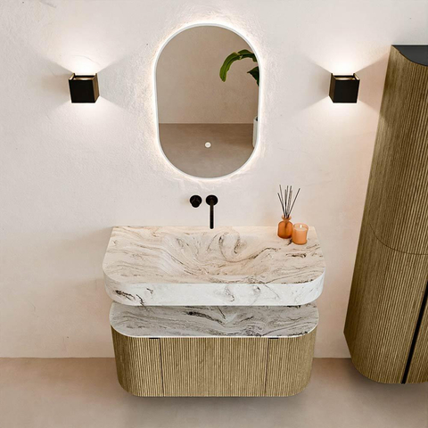 MONDIAZ THOR-DLUX 100cm meuble de salle de bains arrondi gauche + droite couleur Dusk avec 1 tiroir et 2 portes. Vasque suspendue CLOUD Milieu sans trou de robinet couleur Glace. SW1467400