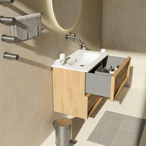 Saniclass Holz Frame Badkamermeubelset - 80x45x73.9cm - Chaci keramische wastafel wit - 1 wasbak - zonder kraangat - 2 lades - mat eiken natural (hout) SW1579995