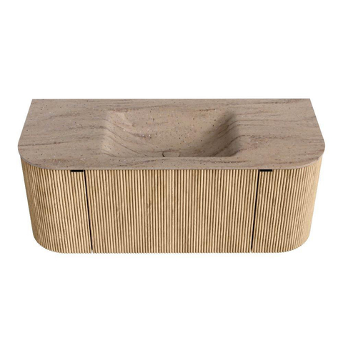 MONDIAZ KURVE-DLUX 110cm badmeubel ronding Links + Rechts kleur Oak met 1 lade en 2 deuren. Wastafel CLOUD Midden zonder kraangat Saba. SW1433047
