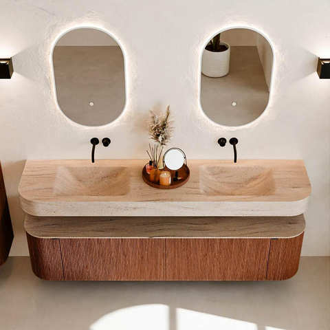 MONDIAZ THOR-DLUX Meuble de salle de bains 190cm arrondi gauche + droite couleur Ruby avec 2 tiroirs et 2 portes. Vasque suspendue CLOUD Double sans trou de robinet couleur Saba. SW1466690