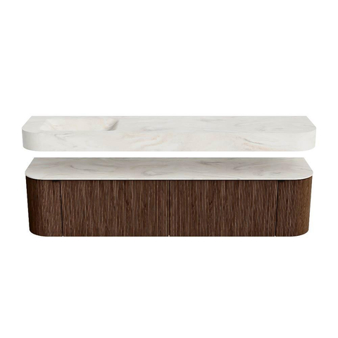 MONDIAZ THOR-DLUX Meuble de salle de bains 190cm arrondi gauche + droite couleur Walnut avec 2 tiroirs et 2 portes. Vasque suspendue CLOUD Gauche 1 trou de robinet couleur Ostra. SW1466450