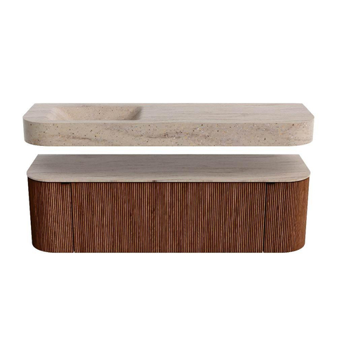 MONDIAZ THOR-DLUX 150cm meuble de salle de bains arrondi gauche + droite couleur Ruby avec 1 tiroir et 2 portes. Vasque suspendue CLOUD Gauche sans trou de robinet couleur Saba. SW1464871