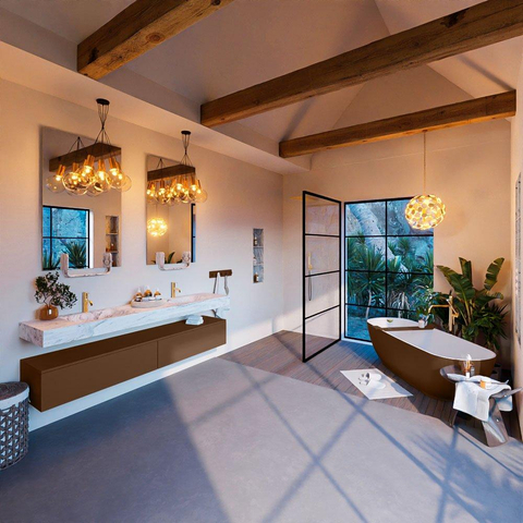Mondiaz ALAN-DLUX Ensemble de meuble - 200cm - meuble Rust mat - 2 tiroirs - Lavabo Cloud Glace suspendu - vasque Gauche et droite - 2 trous de robinet SW805876