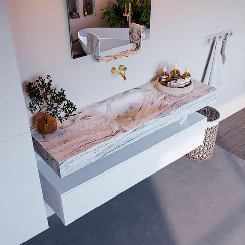 Mondiaz ALAN-DLUX Ensemble de meuble - 150cm - meuble Talc mat - 1 tiroir - Lavabo Cloud Glace suspendu - vasque Centre - 0 trous de robinet SW805037