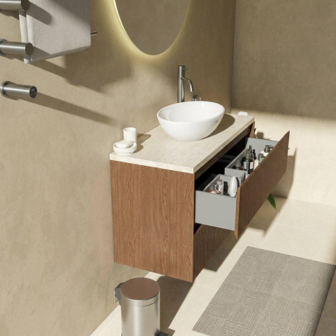 Saniclass Holz Atelier Badkamermeubelset - 100x45x63cm - Travertine natuurstenen topblad - 1 kraangat - 2 lades - mat walnut pure (hout) SW1478869