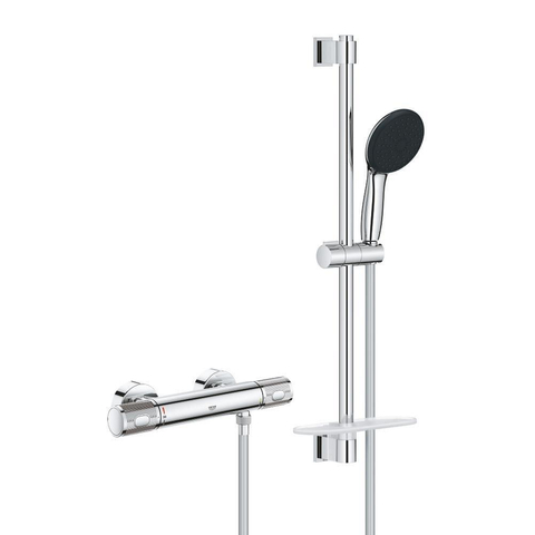 GROHE Precision Feel Ensemble de douche - robinet thermostatique - avec ensemble barre de douche - 60cm - douchette ronde - 3 jets - flexible de douche lisse - chrome SW1028280
