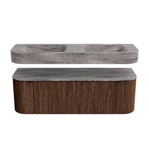 MONDIAZ THOR-DLUX 140cm badmeubel ronding links + rechts kleur Walnut met 1 lade en 2 deuren. Vrijhangende wastafel CLOUD Dubbel zonder kraangat kleur Oza. SW1464274