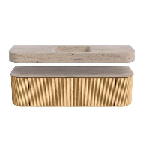 MONDIAZ THOR-DLUX 160cm meuble de salle de bains arrondi gauche + droite couleur Oak avec 1 tiroir et 2 portes. Vasque suspendue CLOUD Milieu 1 trou de robinet couleur Saba. SW1465368