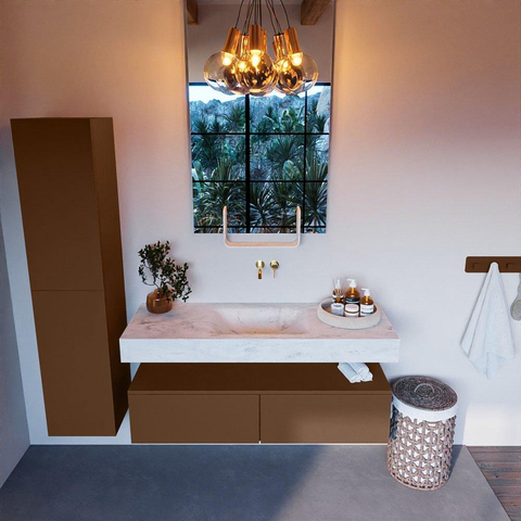 Mondiaz ALAN-DLUX Ensemble de meuble - 130cm - meuble Rust mat - 2 tiroirs - Lavabo Cloud Opalo suspendu - vasque Centre - 0 trous de robinet SW806616