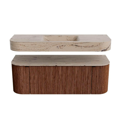 MONDIAZ THOR-DLUX 130cm meuble de salle de bains arrondi gauche + droite couleur Ruby avec 1 tiroir et 2 portes. Vasque suspendue CLOUD Milieu 1 trou de robinet couleur Arena. SW1463795
